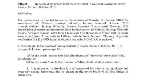 Sb Order 07 2023 Revision Of Maximum Limit For Investment In National Savings Monthly Income