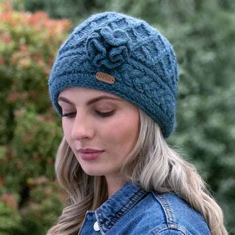 Irish Aran Trellis Wool Hat Denim Blue Tartan Koala