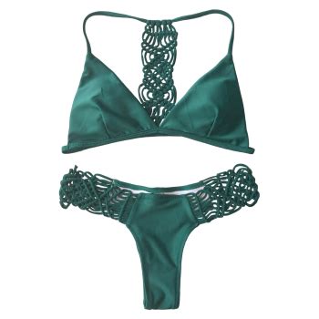 2017 Cami Strappy Knitting Bikini Set GREEN M In Bikinis Online Store