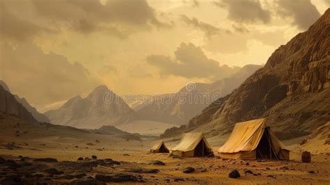 Desert Camping Under Golden Sky Three Tents Are Pitched In A Stunning