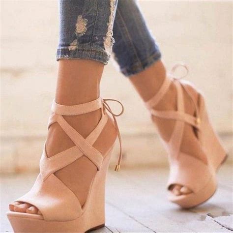 Nude Cut Out Back Lace Up Wedge Sandals Peep Toe Platform Sandals