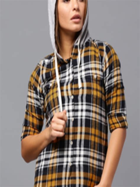 Buy Roadster Mustard Yellow Navy Checked Hooded Shirt Shirts For