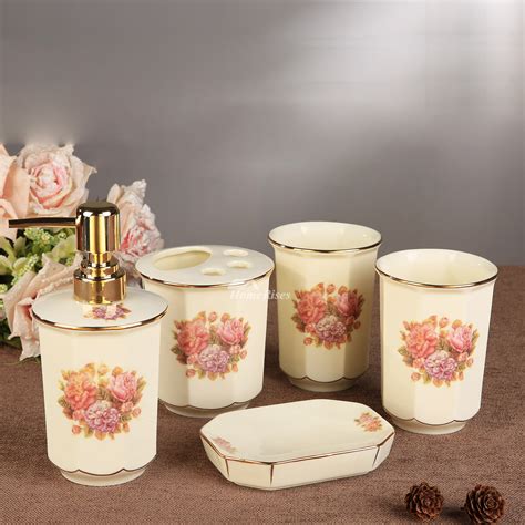 5 Piece Floral Bathroom Accessories Set Ceramic Floral Enamel