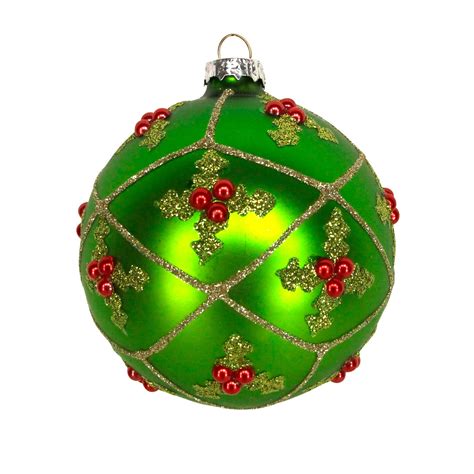 Glorious Green Christmas Bauble With Glitter Holly And Jewel Berries