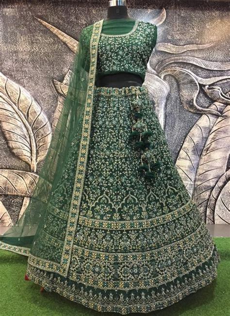 Buy Bottle Green Net Silk Bridal Wear Embroidery Work Lehenga Choli