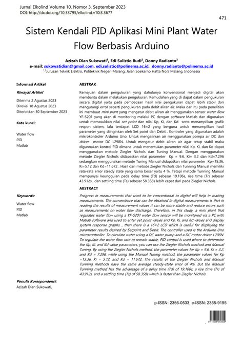 Pdf Sistem Kendali Pid Aplikasi Mini Plant Water Flow Berbasis Arduino