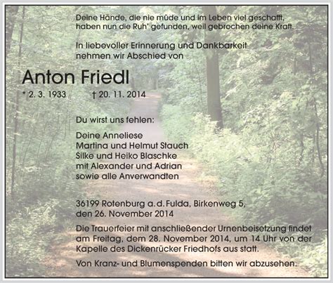 Traueranzeigen Von Anton Friedl Trauer Hna De