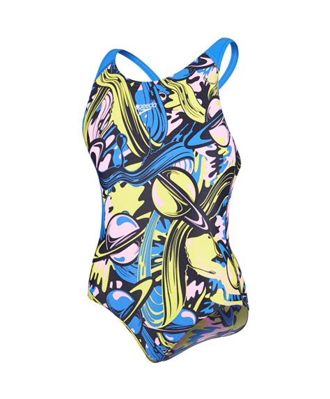 Speedo Girls Endurance Allover Splashback Print 47 Swimsuit Navy Lime Run Charlie