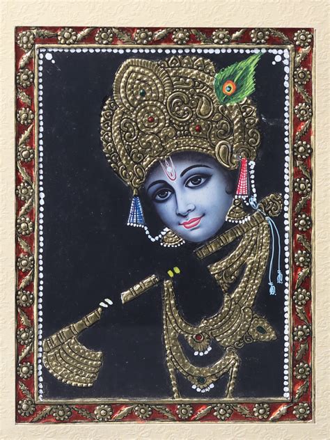 Bhagawan Krishna Playing Flute Tanjore Painting With Frame Exotic