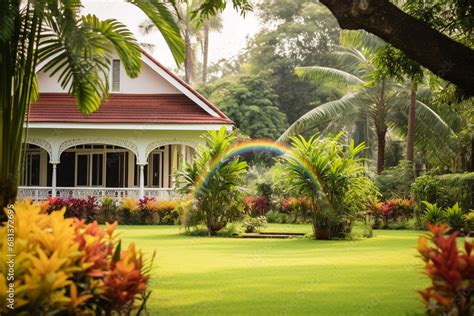 Depicts Idyllic Scene Of Rainbow Arching Over Charming House Surrounded