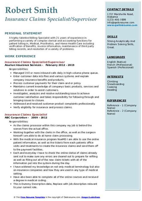 Insurance Claims Specialist Resume Samples Qwikresume