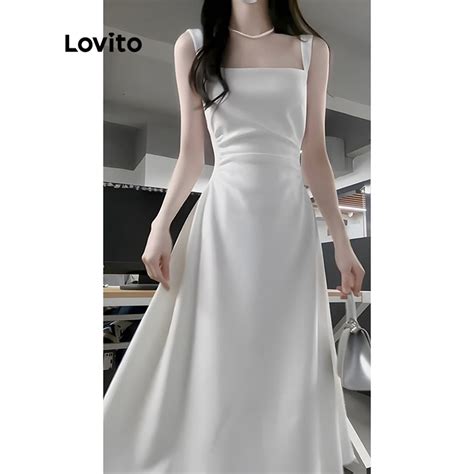 Lovito Casual Vestido Feminino Liso Plissado Sem Mangas Skatista Maxi