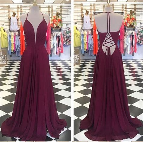 Plunging Neck Long Maroon Prom Dress Backless Prom Dresses Simple