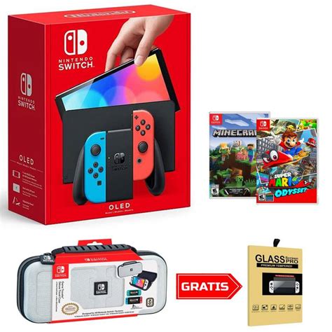 Consola Nintendo Switch Oled Neón Super Mario Odyssey Y Minecraft Con Estuche Blanco Nintendo