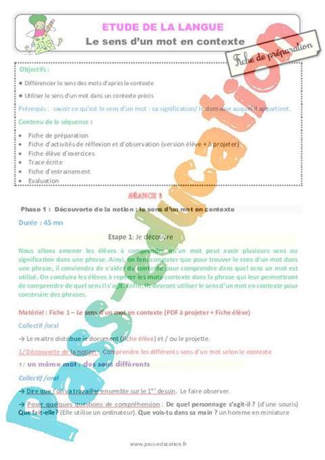 Le Sens Dun Mot En Contexte Ce Tude De La Langue Fiche De