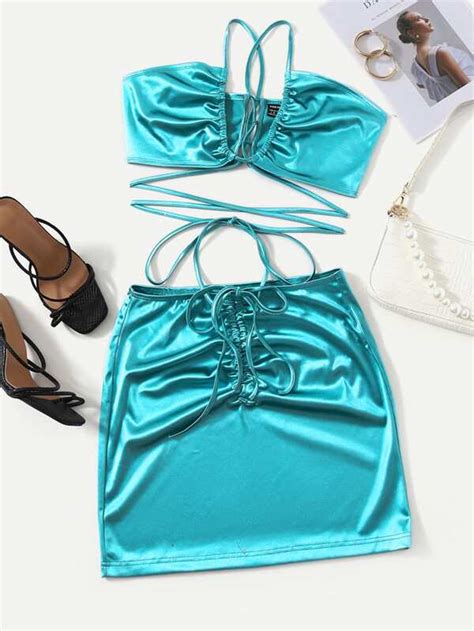 Shein Icon Crisscross Knot Satin Crop Top And Skirt Set Shein Usa