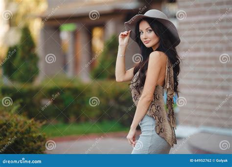 Fashionable Girl In Hat Outdoor Stock Photo Image Of Brunette