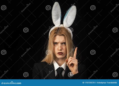 Blonde Girl With Lace Bunny Ears Model Dressed In Costume Easter Bunny