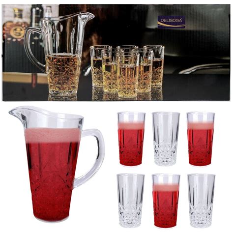 7 Piece Glassware Set Water Jug Pitcher And 6 Glasses Tumbler Juice Crystal Effect