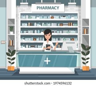 Pharmacy Pharmacist Client Counter Drugstore Cartoon Stock Vector