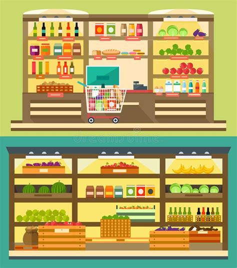 Supermercado Comida En Estantes Ilustración Del Vector Ilustración De