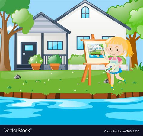 Girl Painting House On Canvas Royalty Free Vector Image