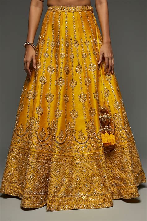 Mustard Raw Silk Embellished Wedding Lehenga Set By Kalighata At Pernia