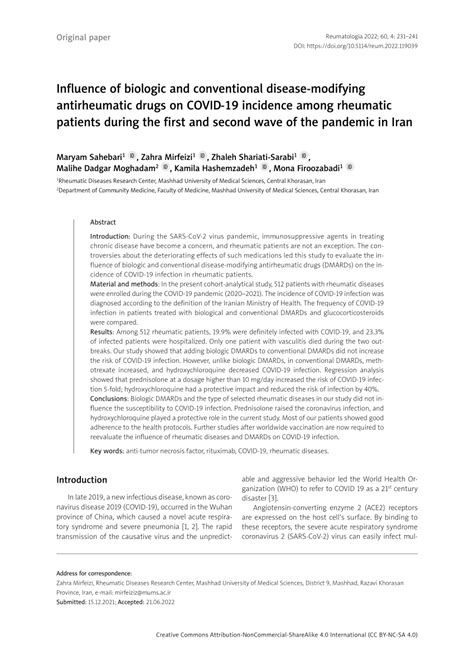 PDF Influence Of Biologic And Conventional Disease Modifying