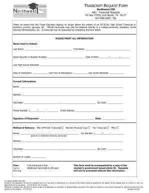 Fillable Online Nisdtx Transcript Request Form Northwest Isd Fax