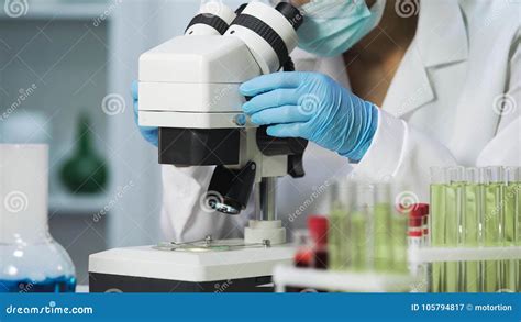 Close-up of Bacteriologist Viewing Samples of Bacteria on Microscope ...