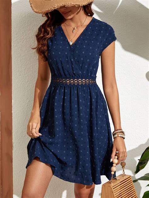 Shein Frenchy Swiss Dot Contrast Lace Surplice Neck Dress Shein Usa