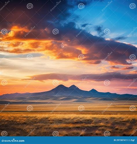 Beautiful Sunset Over The Plains With Mountains In The Distance Stock