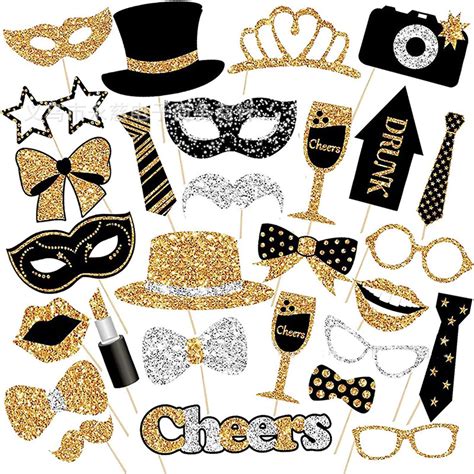 Omevett 30 Pcs Party Photo Booth Props Black Golden Photobooth Props