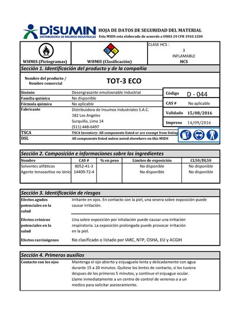 18 Desengrasante Industrial TOT 3 ECO MSDS HOJA DE DATOS DE