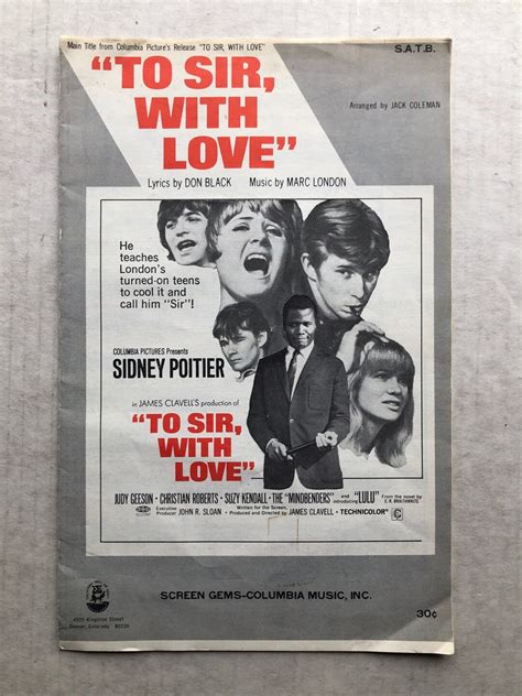 To Sir With Love 1967 SHEET MUSIC Sidney Poitier Lulu Judy - Etsy