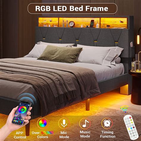 LED Upholstered Full-Size Bed Frame with USB Ports, Storage Headboard ...