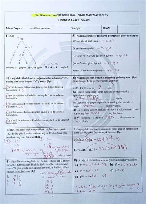 6 Sınıf Matematik 1 Dönem 1 Yazılı Soruları