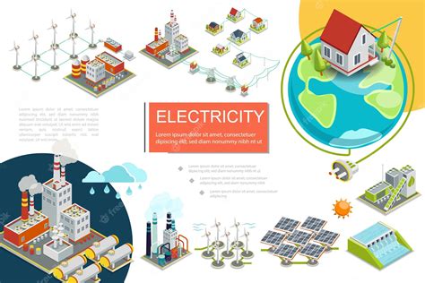 Infografía De Electricidad Isométrica Con Combustible Plantas De Energía Nuclear Hidroeléctrica