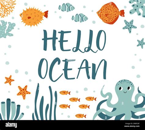 Vector Ocean Illustration With Octopusflounderclown Fishstarfish