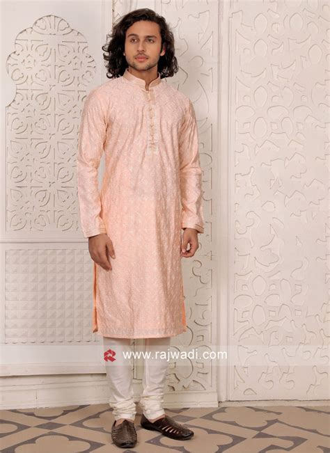 Peach And Cream Kurta Pajama For Men Wedding