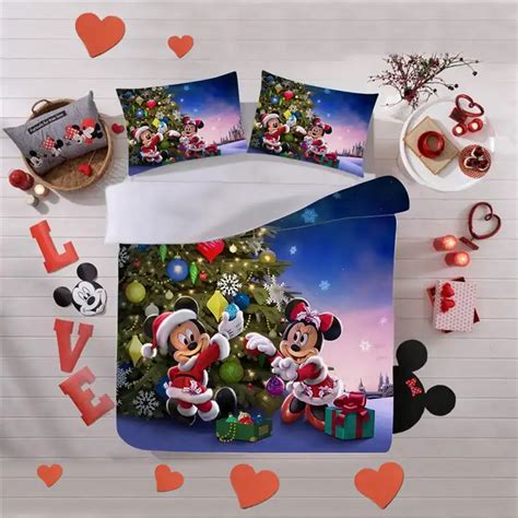 Christmas Mickey Minnie Bedding Set Duvet Cover Pillowcase Home Textile