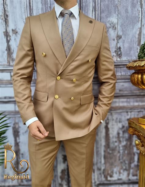 Costum Barbati Butoni Aurii Double Breasted Suit Slim Fit Bej Sacou