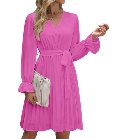 Womens Long Sleeve V Neck Dresses For Wedding Guest Ruffle Lantern Sleeve Pleated Mini Dress