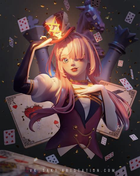 A Woman With Long Pink Hair Wearing A Top Hat And Holding Playing Cards