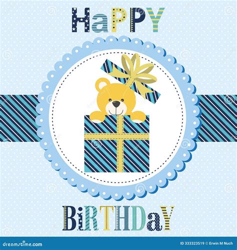 Happy Birthday Card Design with Teddy Bear in the Box Stock Illustration - Illustration of cute ...