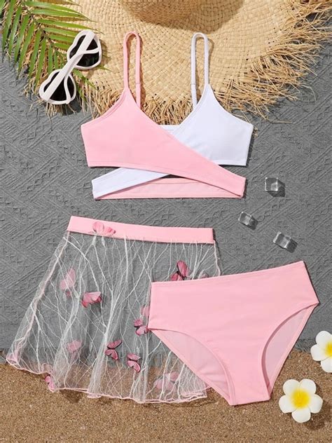 ENFLASH Big Girl S 3 Piece Criss Cross Bikini Set High Waisted Swimsuit