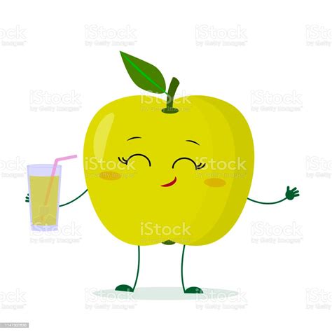 Kawaii Cute Green Apple Fruit Cartoon Fruit Character Holding A Glass With Juice Logo Template