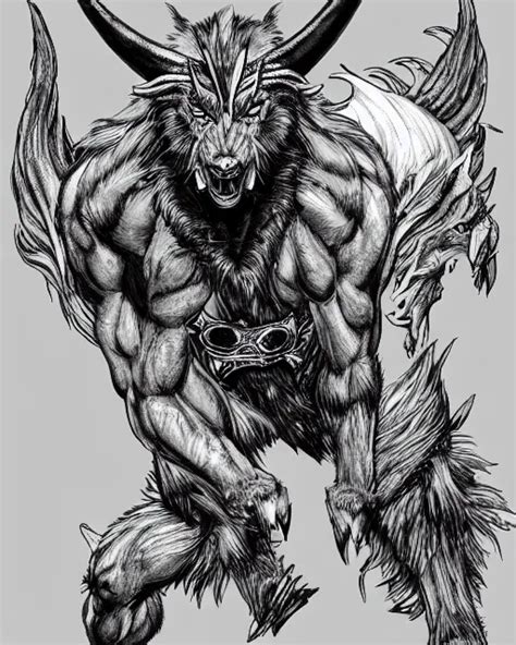 A Minotaur Wolf Full Body Black And White Fantasy Stable Diffusion