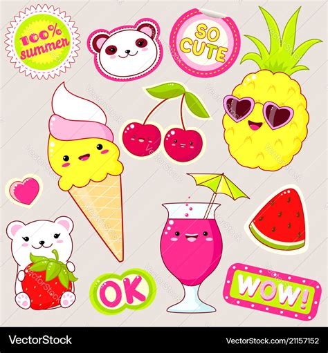 Set of cute summer stickers in kawaii style Vector Image