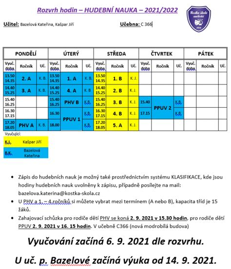 Úřední deska Rozvrhy hodin ZÁKLADNÍ UMĚLECKÁ ŠKOLA KOSTKA VE VSETÍNĚ